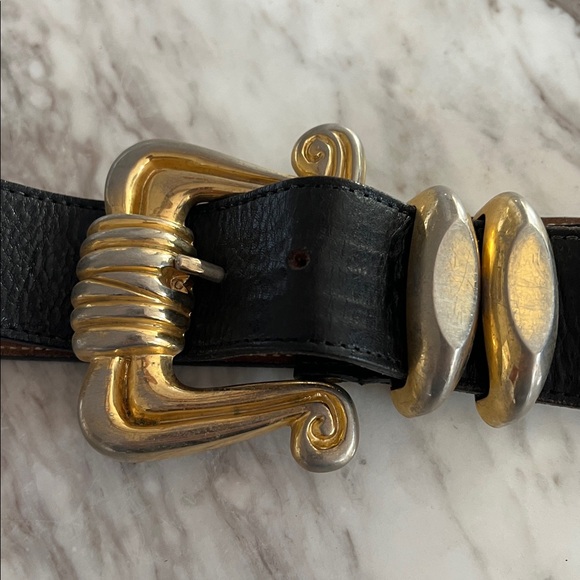 Vintage Black Leather Belt with Gold  Buckle